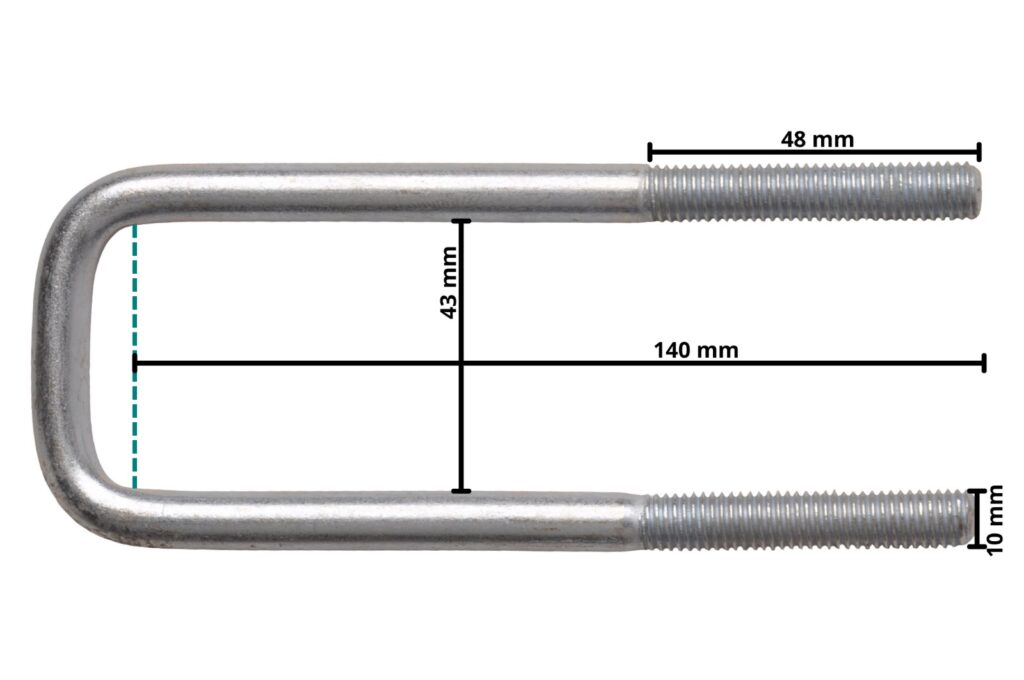 Technical drawing – M10 U-bolt 140 x 43 mm – incl. lashing plate