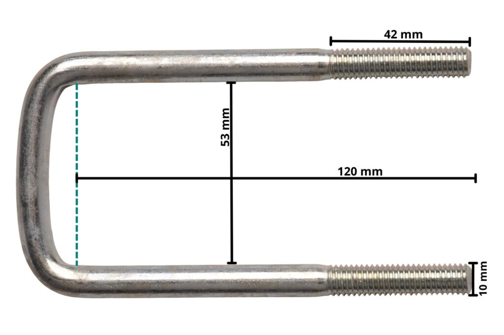 Technical drawing – M10 U-bolt 120 x 53 mm – incl. lashing plate