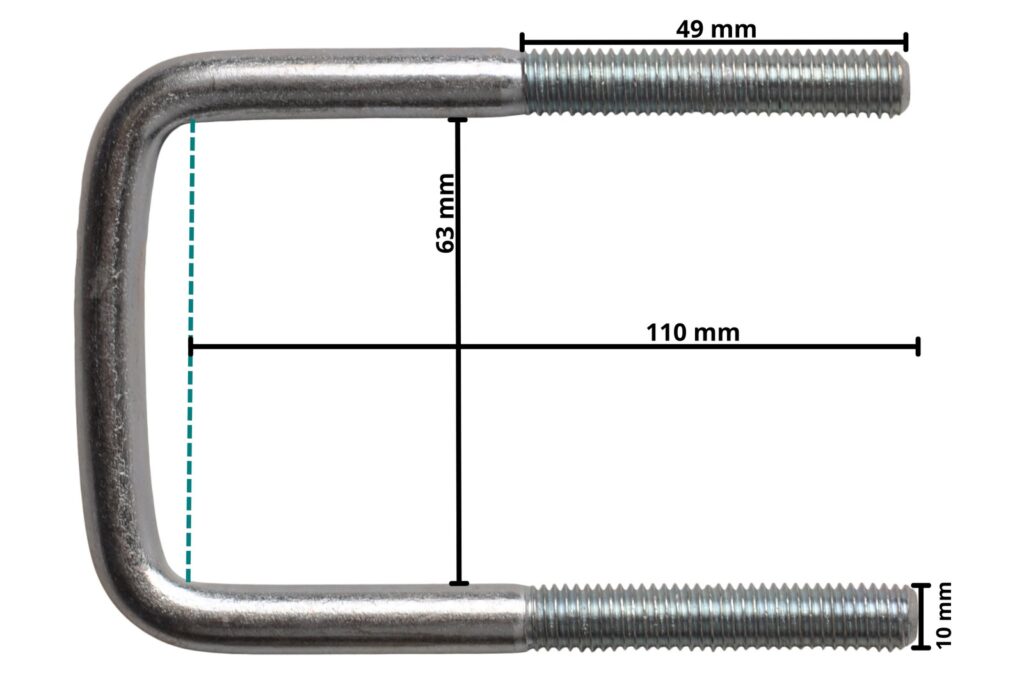 Technical drawing – M10 U-bolt 110 x 63 mm – incl. lashing plate