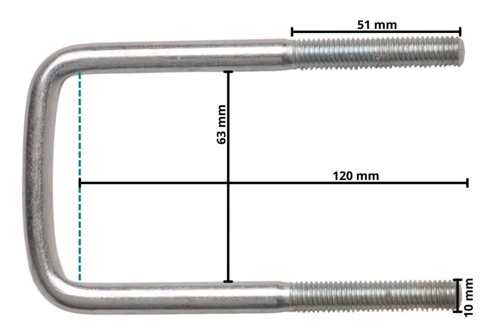 Technical drawing – M10 U-bolt 120 x 63 mm – incl. lashing plate