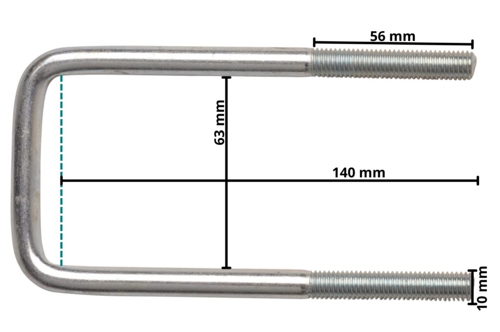 Technical drawing – M10 U-bolt 140 x 63 mm – incl. lashing plate