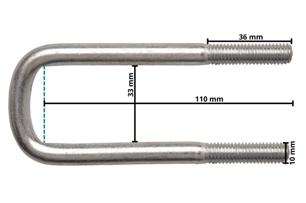 Technical drawing – M10 U-bolt 110 x 33 mm – incl. lashing plate