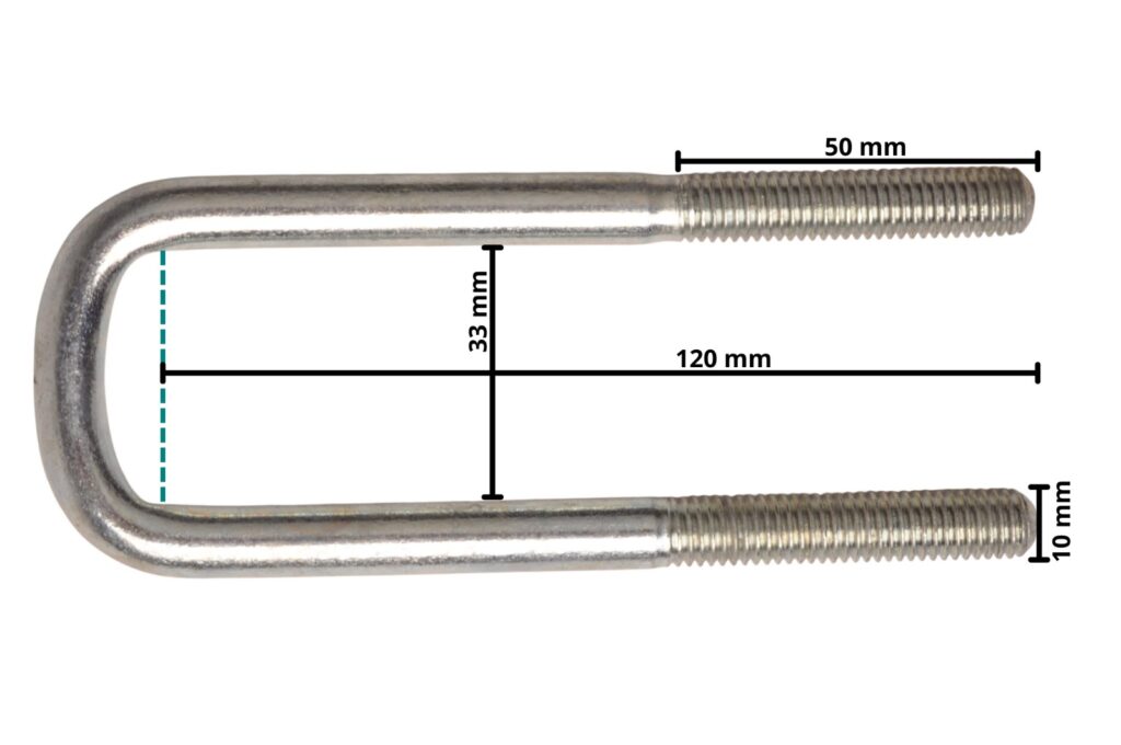 Technical drawing – M10 U-bolt 120 x 33 mm – incl. lashing plate