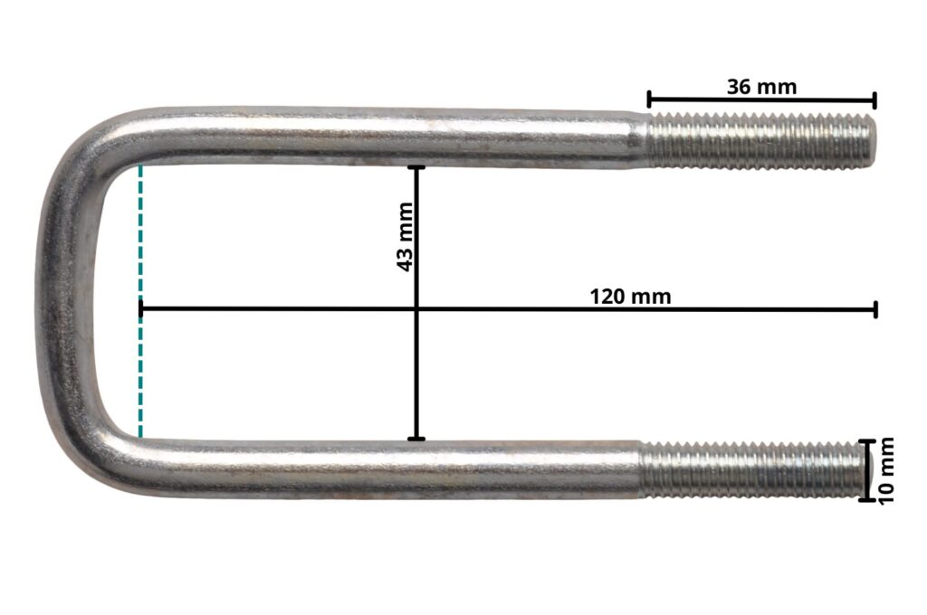 Technical drawing – M10 U-bolt 120 x 43 mm – incl. lashing plate