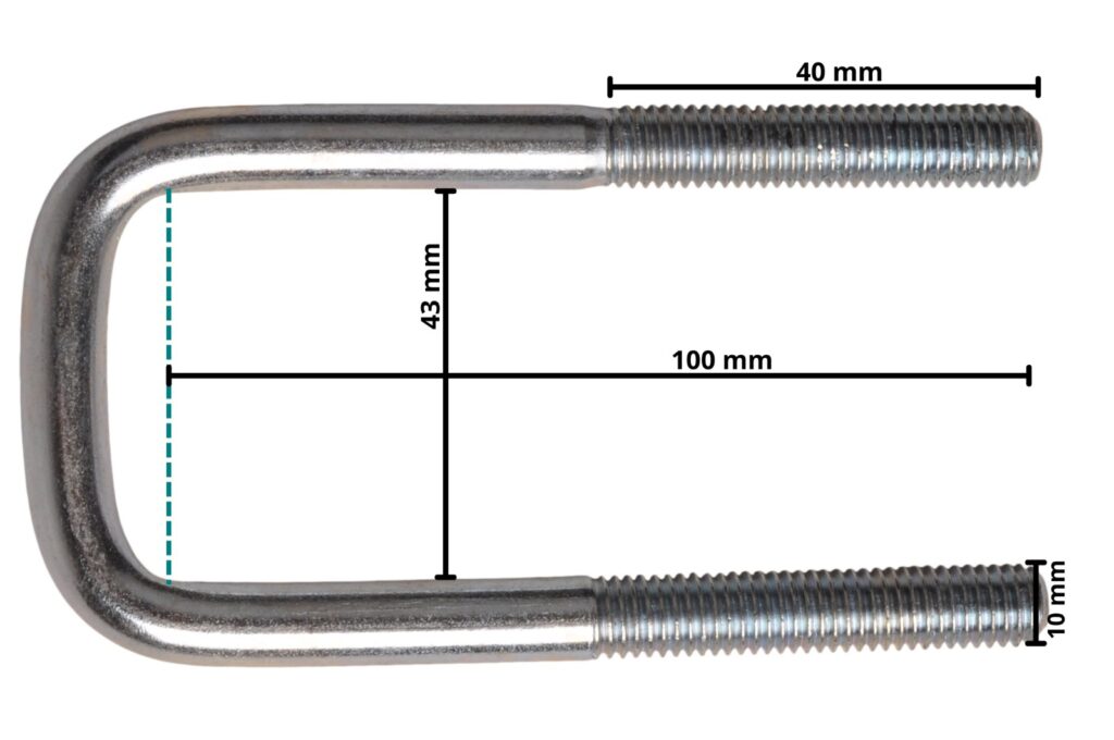 Technical drawing – M10 U-bolt 100 x 43 mm – incl. lashing plate