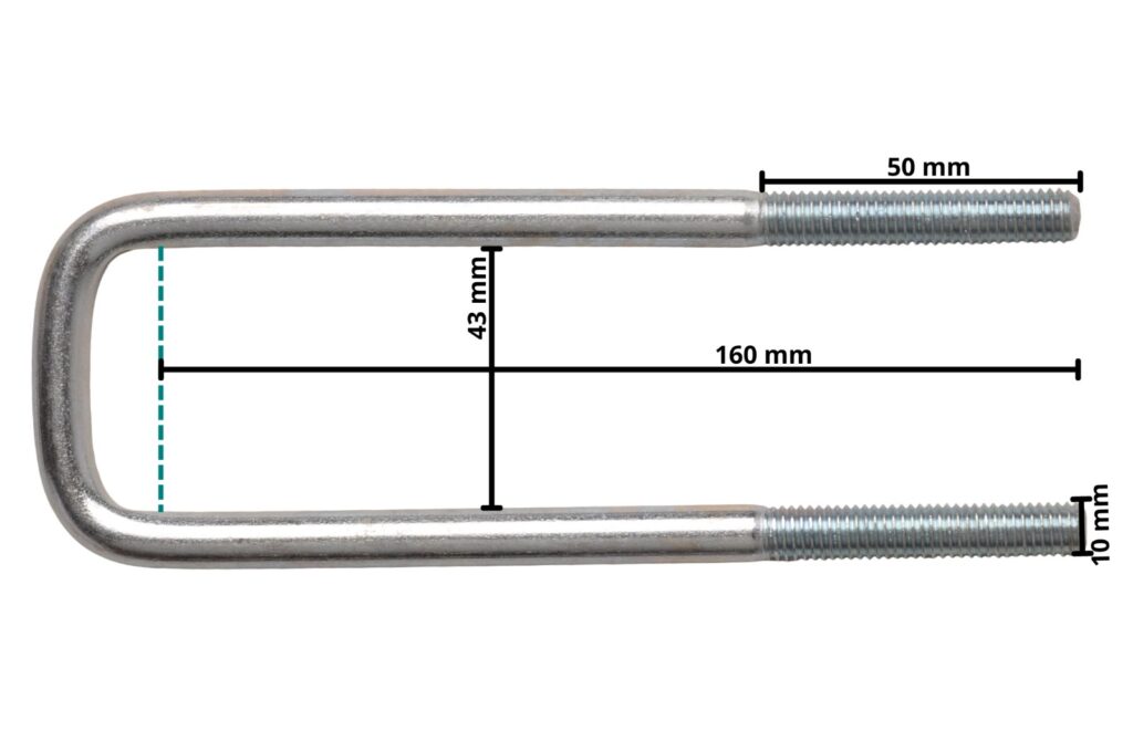 Technical drawing – M10 U-bolt 160 x 43 mm – incl. lashing plate