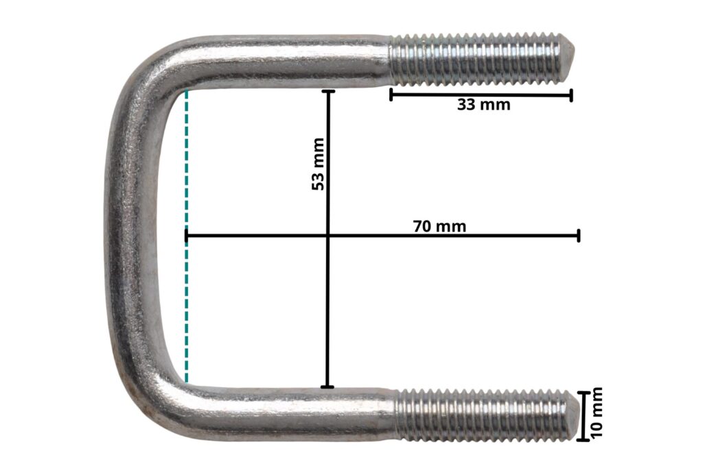 Technical drawing – M10 U-bolt 70 x 53 mm – incl. lashing plate