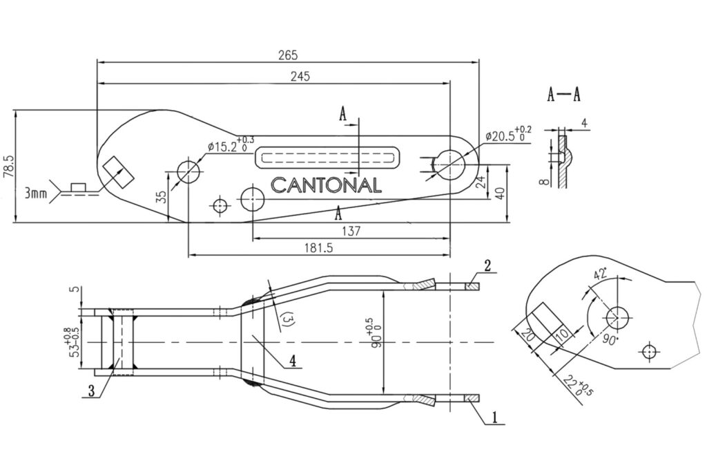Technical drawing – Jockey wheel – round 60 mm – load capacity 500 kg – automatic fold-up – extra long