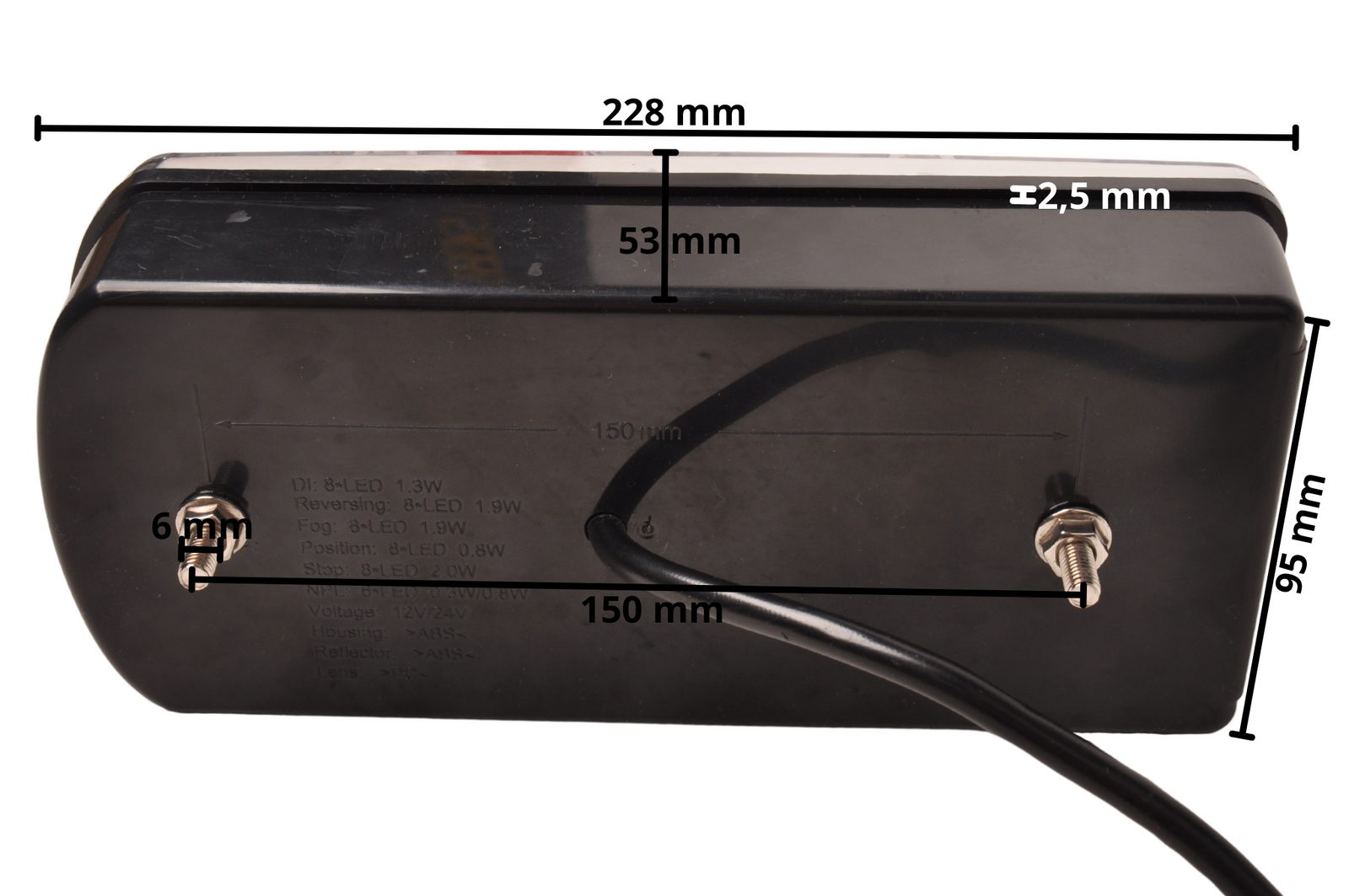 Rear light – Cantonal LED – right – 5-pin connector – 228 x 100 x 53 mm