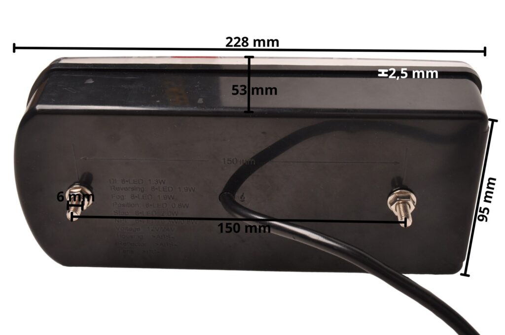 Technical drawing – Rear light – Cantonal LED – right – 5-pin connector – 228 x 100 x 53 mm