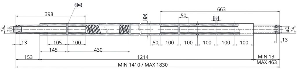 Technical drawing – Load bar 1410–1830 mm for lashing rails