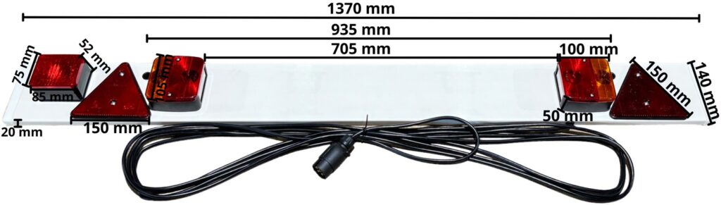 Technical drawing – Plastic trailer light bar – 137 cm – 8 m main cable – 13-pin – Plug & Play