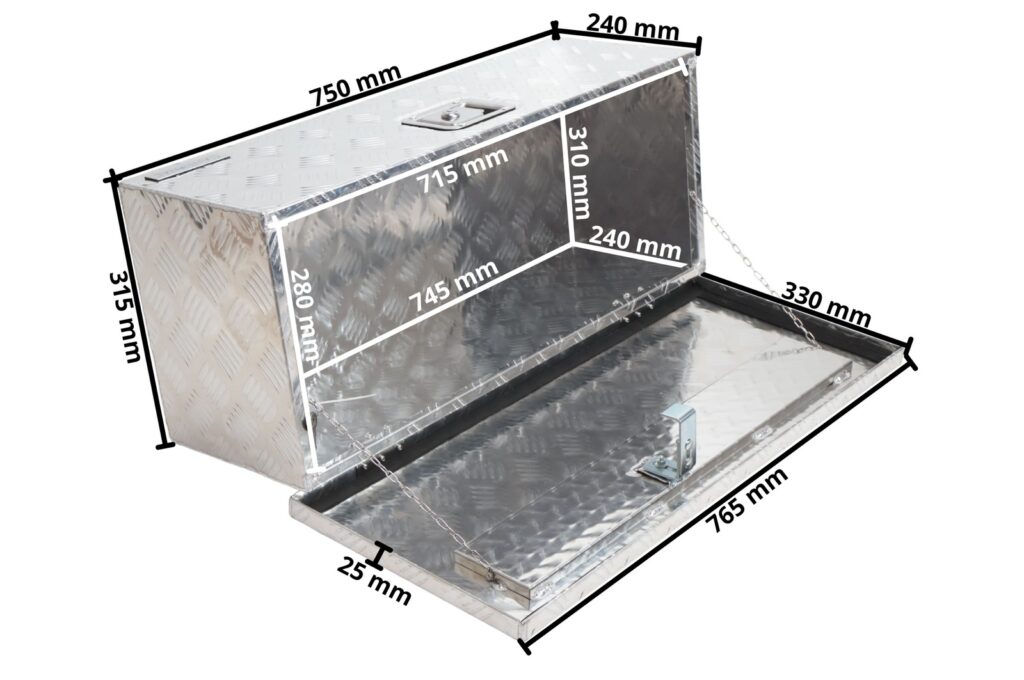 Technical drawing – Aluminium chequer plate drawbar box / toolbox 765 x 330 x 245 mm – integrated lock – 1.3 mm