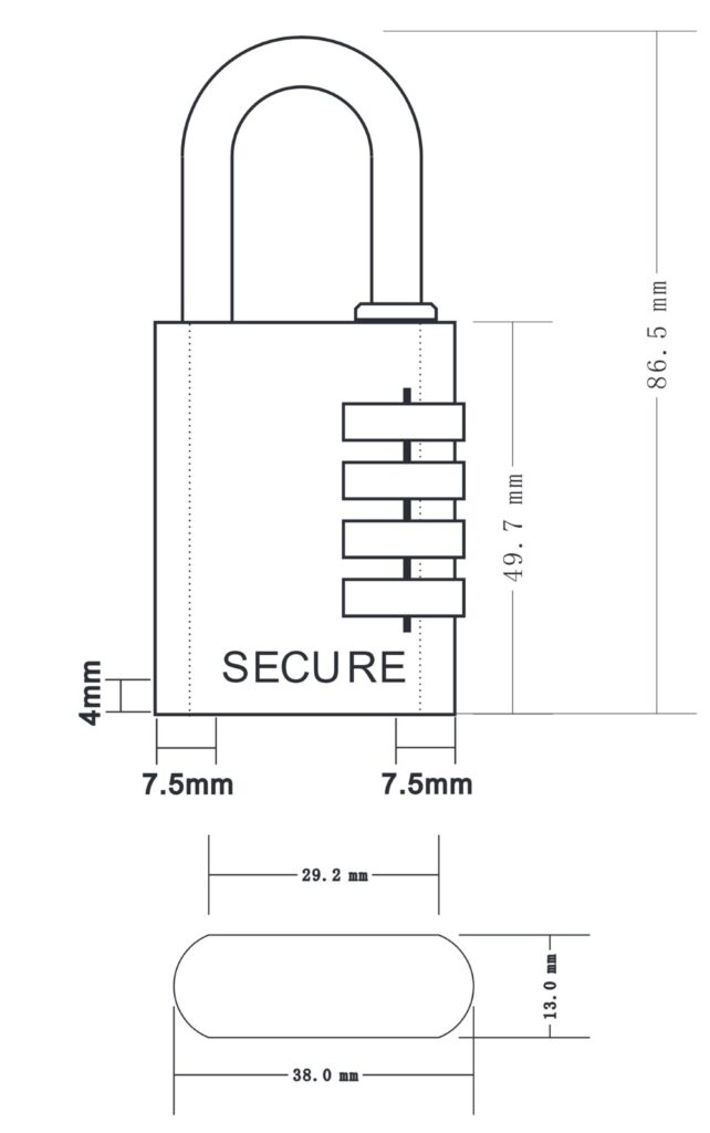 Technical drawing – Combination padlock – 4 digits