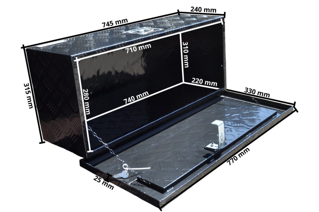 Technical drawing – Aluminium chequer plate drawbar box / toolbox 765 x 330 x 245 mm – integrated lock – 2.5 mm material