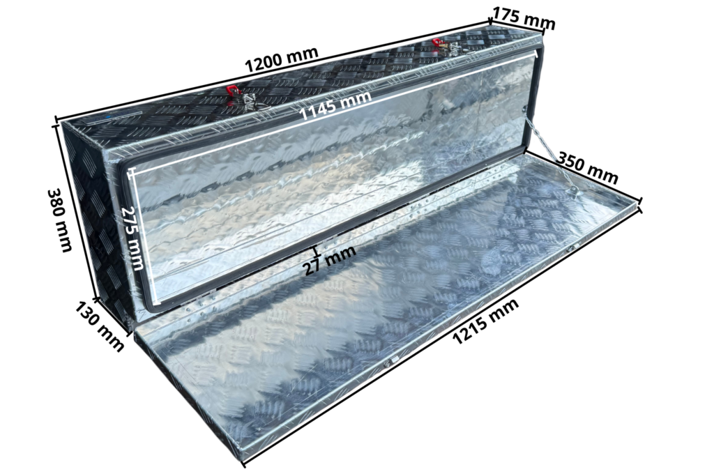 Technical drawing – Aluminium drawbar box 1200 x 380 x 195 mm – 2.5 mm wall – ideal for flatbeds and car transporters – water- and dustproof – incl. over-centre latches