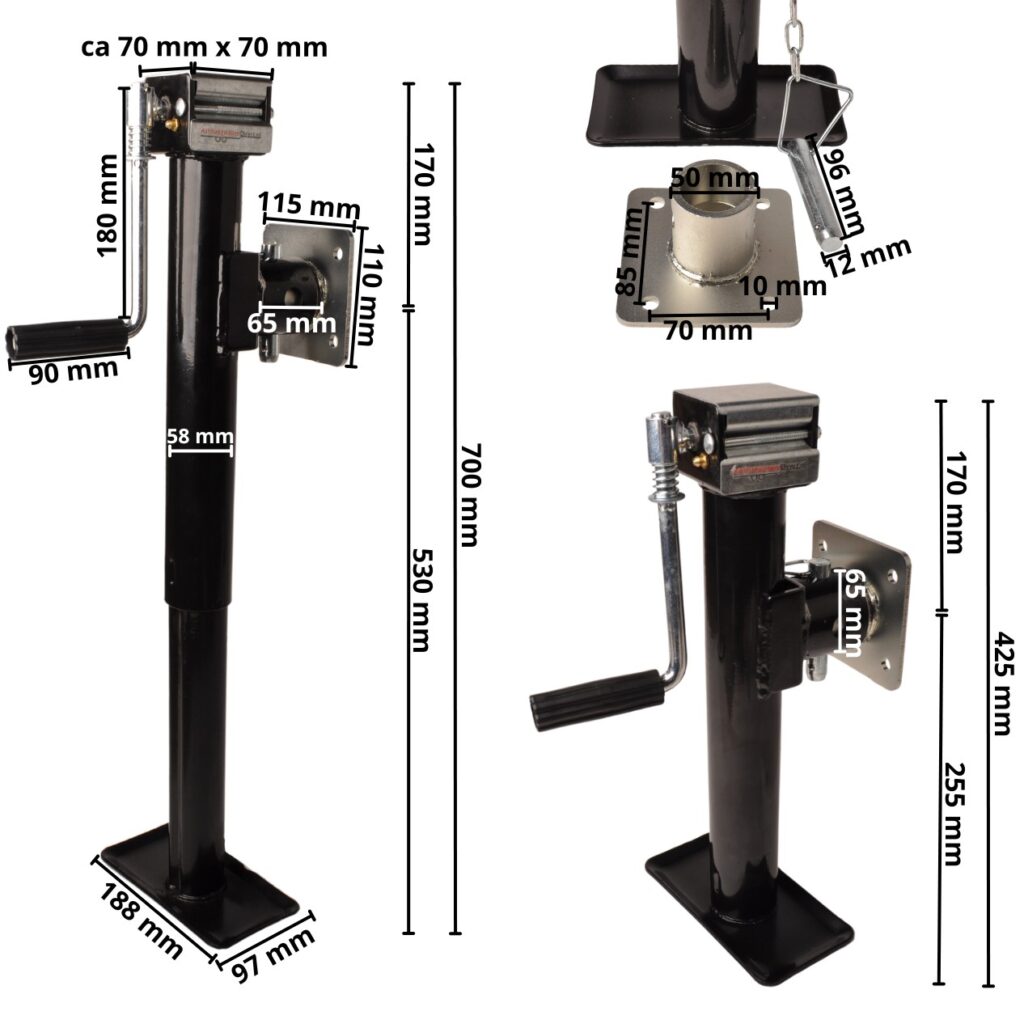 Technical drawing – Swivel and wind-down prop stand – 43–70 cm – 1000 kg – incl. flange