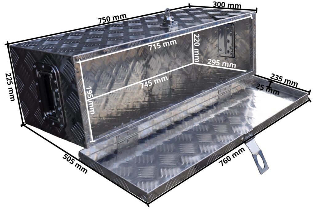 Technical drawing – Aluminium chequer plate drawbar box 760 x 235 x 300 mm – butterfly lock