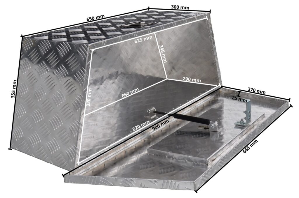 Technical drawing – Aluminium chequer plate drawbar box 900/660 x 350 x 300 mm – integrated lock – gas-strut lid