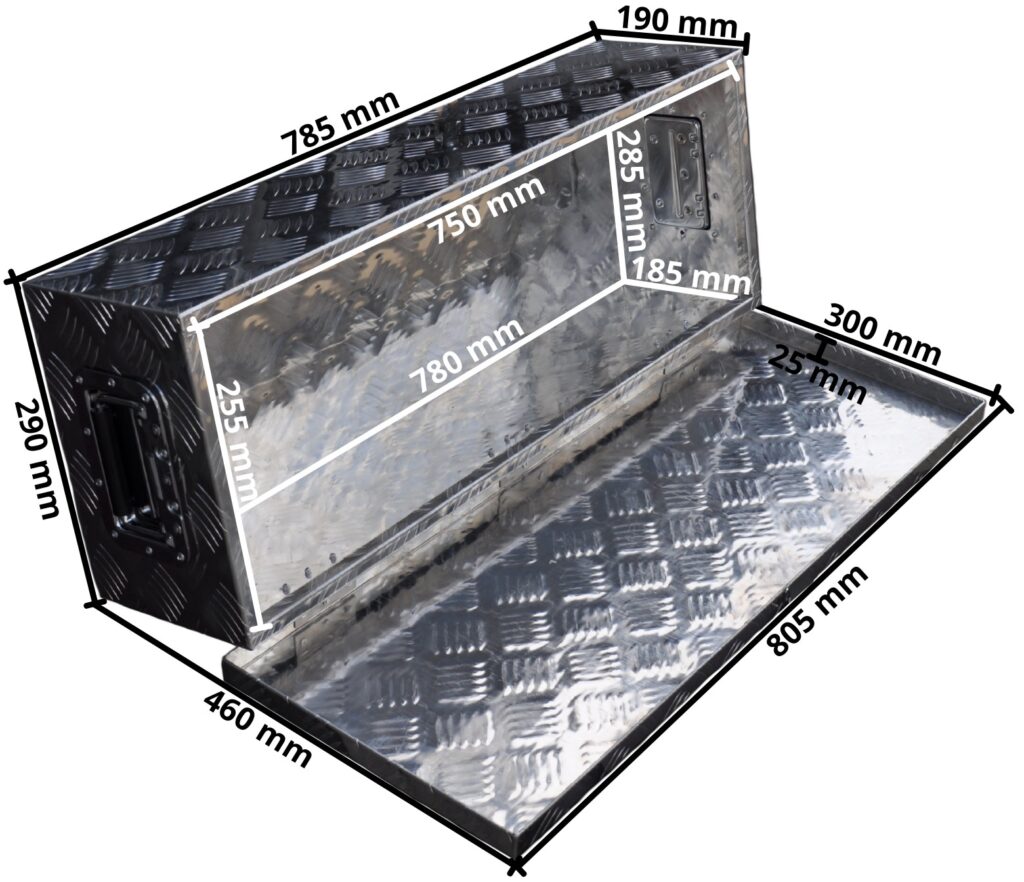 Technical drawing – Aluminium chequer plate drawbar box 800 x 300 x 190 mm – butterfly lock