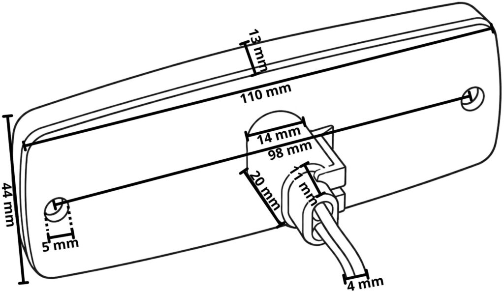 Technical drawing – LED side marker light – 110 x 43 mm – 10–30 V – amber – loose-wire connection