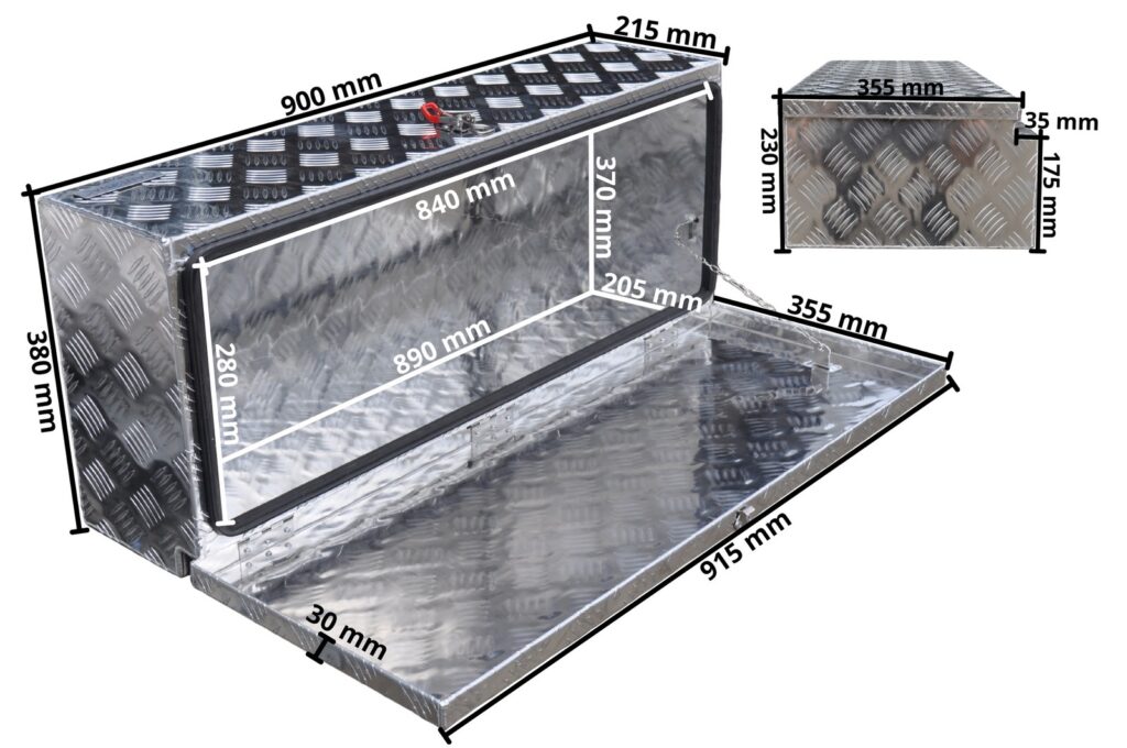 Technical drawing – Aluminium chequer plate drawbar box 900 x 380 x 230 mm