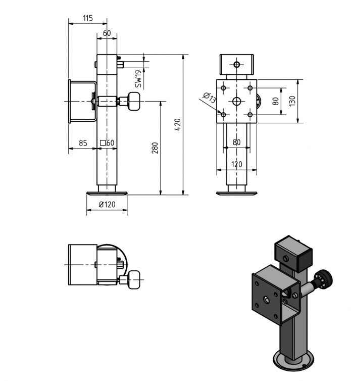 Technical drawing – Set of 2 Cantonal wind-down swivel prop stands 1300 kg