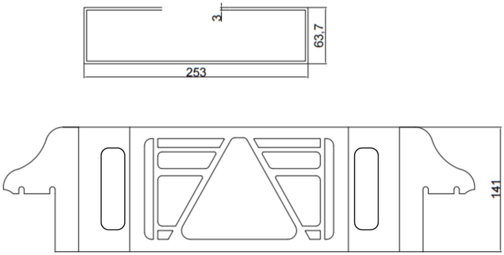 Technical drawing – Set of 2 protective guards for Multiled 4 – 253 x 141 x 63.7 mm – with open triangle – stainless steel