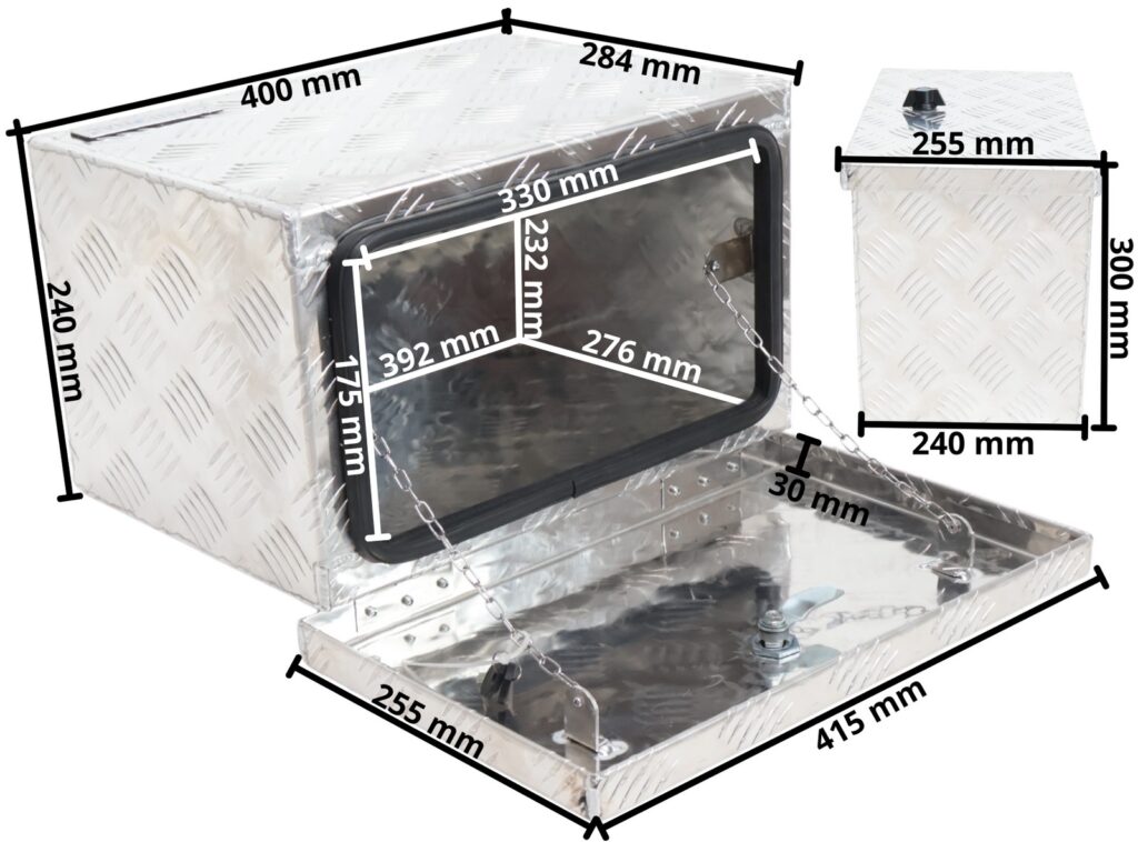 Technical drawing – Aluminium chequer plate drawbar box – 400 x 240 x 300 mm