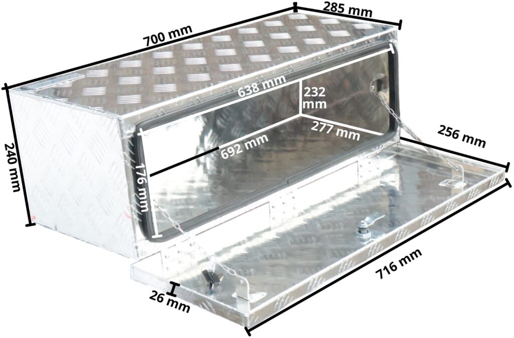 Technical drawing – Aluminium chequer plate drawbar box 700 x 240 x 300 mm