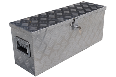 Aluminium chequer plate drawbar box 760 x 235 x 300 mm – butterfly lock