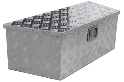 Aluminium chequer plate drawbar box 900/660 x 350 x 300 mm – integrated lock – gas-strut lid