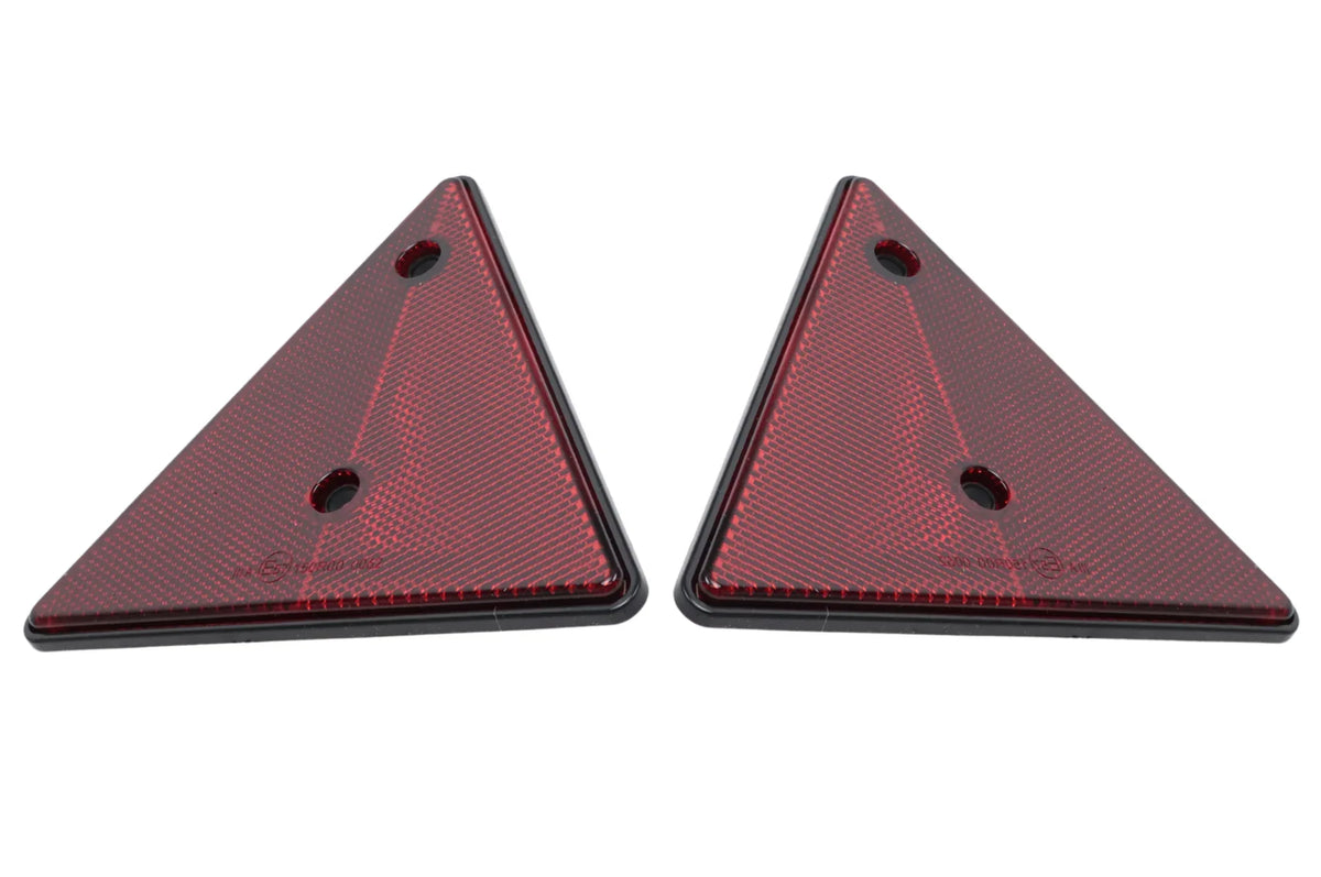 Red triangle reflector – 153 x 130 mm – 70 mm hole centres – 2 pieces