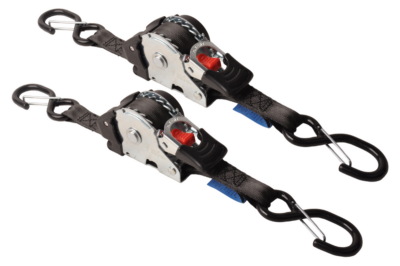Automatic retracting ratchet strap 300 x 2.5 cm – with S-hooks and safety spring – 600 kg – set of 2